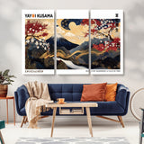 66243961-MGV-CV-48X32-3P-Mount Fuji Japanese Wall Art – Golden Abstract Landscape Canvas Print, Cherry Blossom Painting, Modern Oriental Zen Home Decor