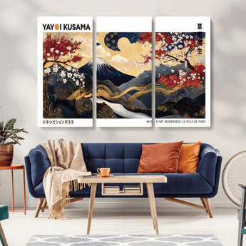 66243961-MGV-CV-48X32-3P-Mount Fuji Japanese Wall Art – Golden Abstract Landscape Canvas Print, Cherry Blossom Painting, Modern Oriental Zen Home Decor