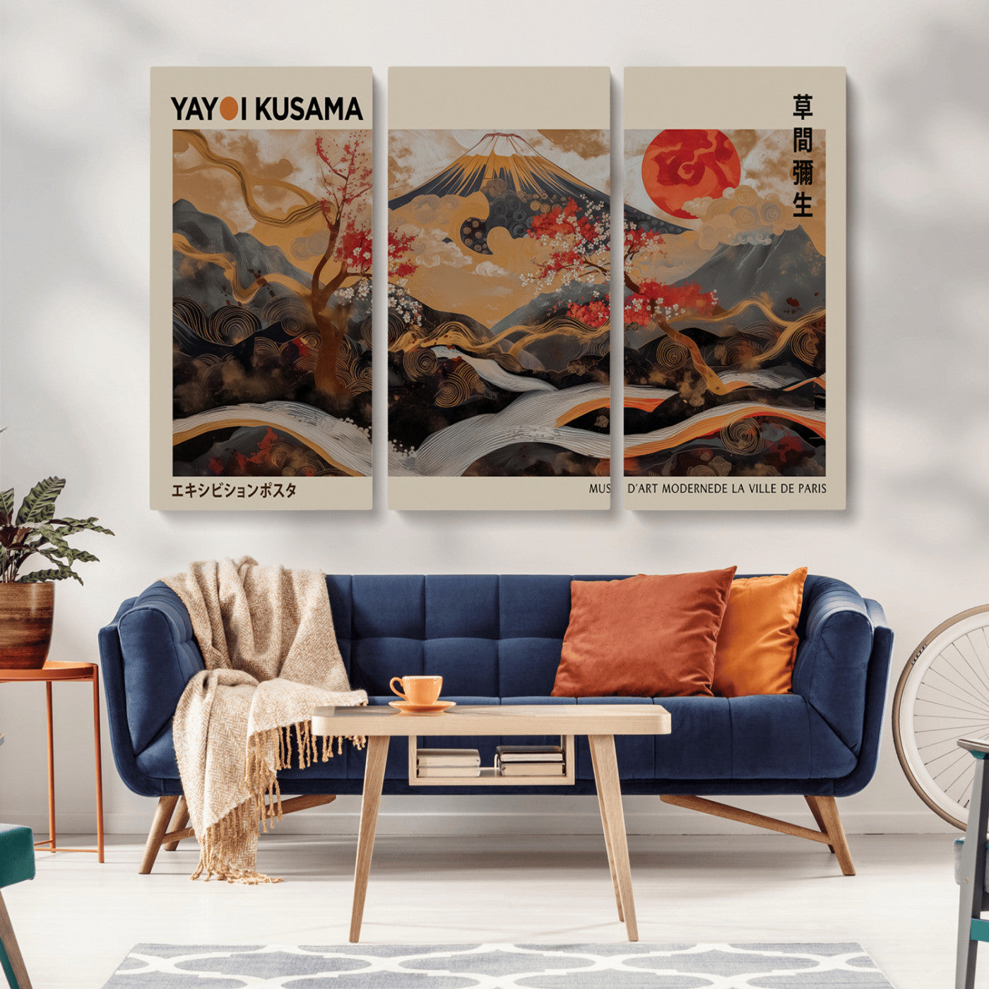 77970791-MGV-CV-36X24-Mount Fuji Golden Abstract Wall Art – Japanese Landscape Canvas Poster, Cherry Blossom & Red Sun Painting, Elegant Zen Oriental