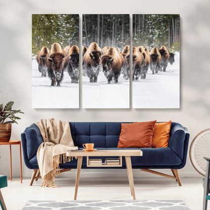 22695857-MGV-CV-36X24-Bison Herd Scene Wall Art Canvas Print, Framed Western Wildlife Art Picture Print, Rustic Animal Art Perfect Rustic Lodge Decor