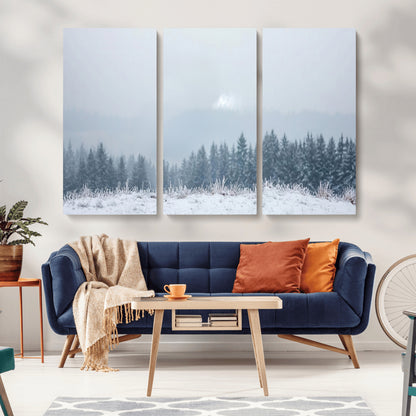33033082-MGV-CV-36X24-Winter Forest Art Wall Art Canvas Print, Framed Snowy Landscape Art Picture Print, Misty Tree Scene Perfect Nordic Minimalist