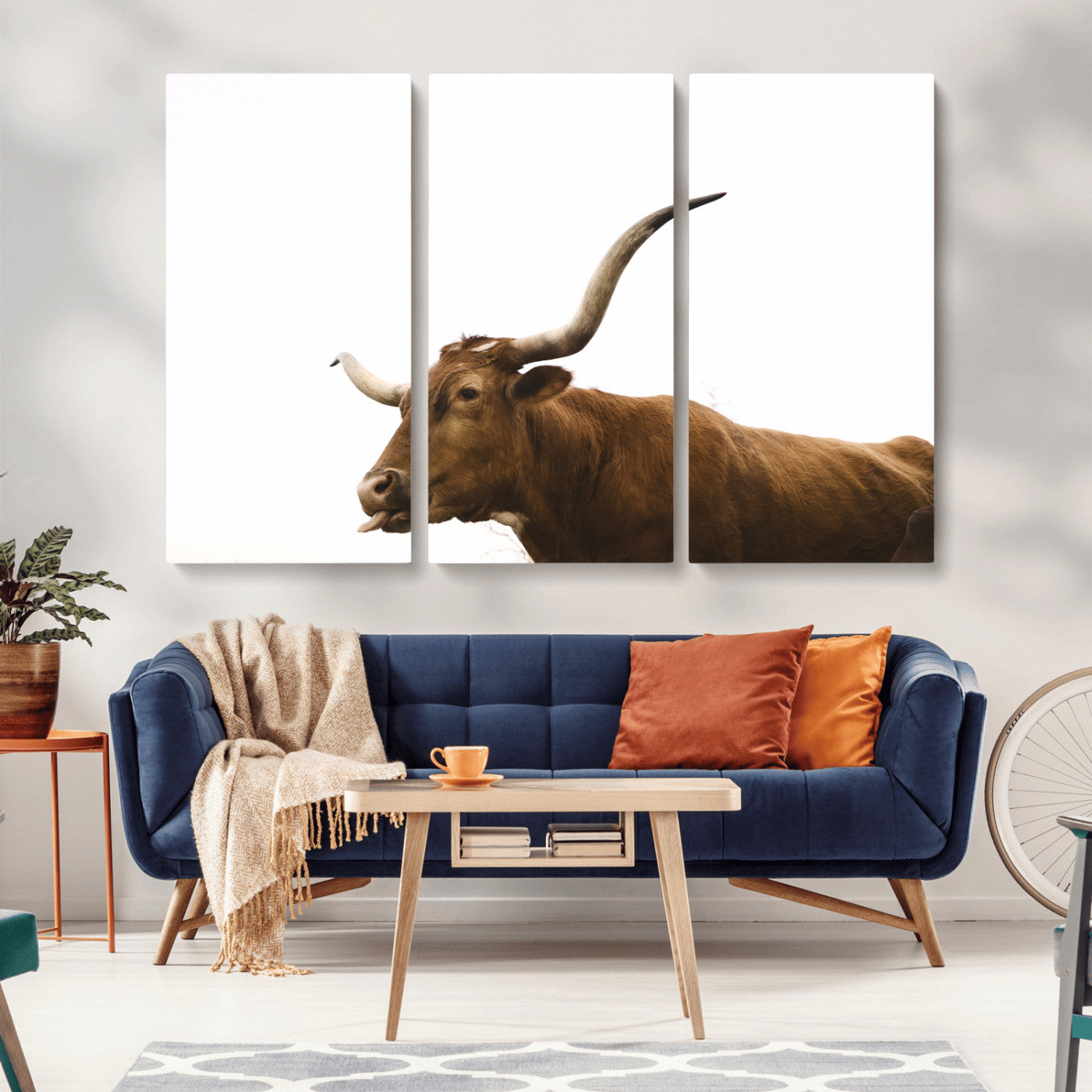 62566114-MGV-CV-36X24-Longhorn Cow Art Wall Art Canvas Print, Framed Rustic Animal Decor Art Picture Print, Texas Bull Photo Perfect Rustic Farmhouse