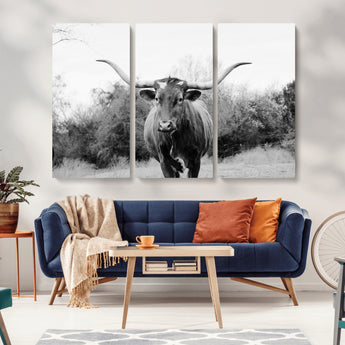 97280319-MGV-CV-36X24-Longhorn Photography Wall Art Canvas Print, Framed Western Cow Decor Art Picture Print, Texas Ranch Style Perfect Rustic Farmhouse
