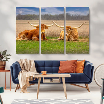 97244565-MGV-CV-36X24-Longhorn Duo Wall Art Canvas Print, Framed Cozy Ranch Vibes Art Picture Print, Western Ranch Decor Perfect Rustic Farmhouse Decor