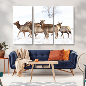 68738684-MGV-CV-36X24-Winter Elk Scene Wall Art Canvas Print, Framed Wildlife Photography Art Picture Print, Snowy Deer Decor Perfect Rustic Lodge Decor