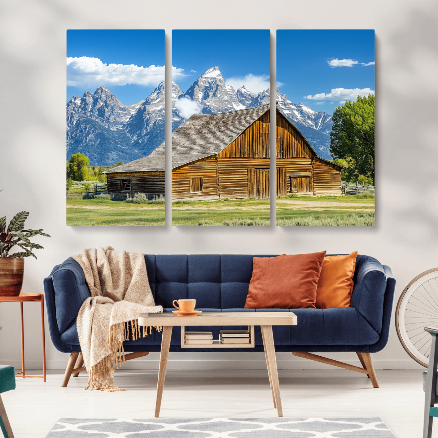 75948467-MGV-CV-36X24-Mountain Barn Scene Wall Art Canvas Print, Framed Rustic Farmhouse Style Art Picture Print, Country Cabin Decor Perfect Rustic