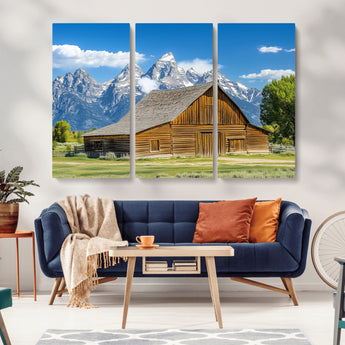 75948467-MGV-CV-36X24-Mountain Barn Scene Wall Art Canvas Print, Framed Rustic Farmhouse Style Art Picture Print, Country Cabin Decor Perfect Rustic