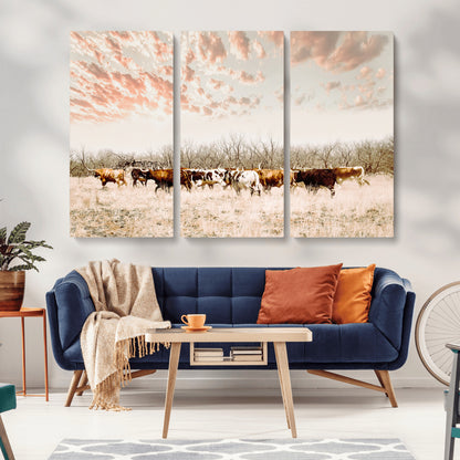 43704663-MGV-CV-36X24-Country Cow Herd Wall Art Canvas Print, Framed Farmhouse Cattle Scene Art Picture Print, Rustic Ranch Decor Perfect Rustic
