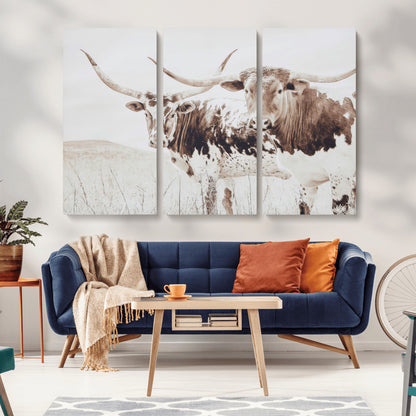 48161868-MGV-CV-36X24-Longhorn Cow Decor Wall Art Canvas Print, Framed Rustic Cattle Art Picture Print, Sepia Western Vibe Perfect Neutral Rustic