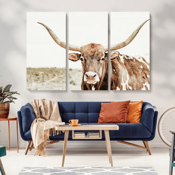 98924580-MGV-CV-36X24-Texas Longhorn Bull Wall Art Canvas Print, Framed Rustic Farmhouse Decor Art Picture Print, Western Animal Theme Perfect Rustic