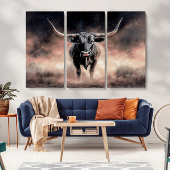 71457818-MGV-CV-36X24-Longhorn Wall Art Wall Art Canvas Print, Framed Western Bull Canvas Art Picture Print, Rustic Cow Decor Perfect Western Dramatic