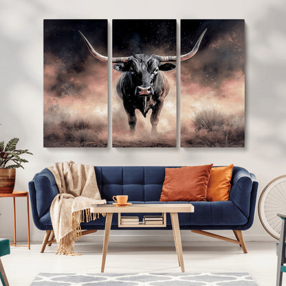 71457818-MGV-CV-36X24-Longhorn Wall Art Wall Art Canvas Print, Framed Western Bull Canvas Art Picture Print, Rustic Cow Decor Perfect Western Dramatic