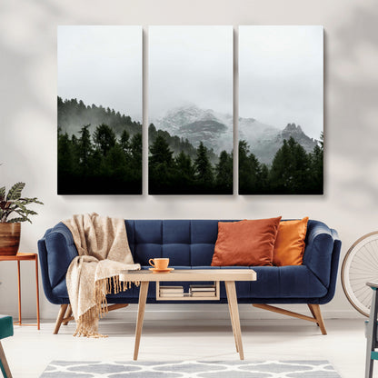 55968349-MGV-CV-48X32-3P-Misty Mountains Wall Art Canvas Print, Framed Foggy Forest Art Picture Print, Snowy Peaks Perfect Moody Wilderness Decor Artwork