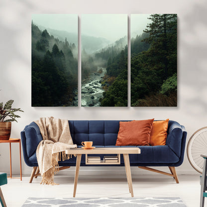 48497565-MGV-CV-36X24-Misty Forest Wall Art Canvas Print, Framed Foggy River Art Picture Print, Moody Landscape Perfect Moody Wilderness Decor Artwork