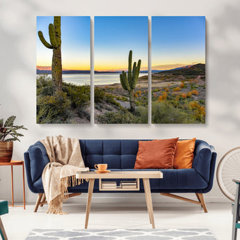 52844711-MGV-CV-36X24-Saguaro Cactus Wall Art Canvas Print, Framed Desert Sunset Art Picture Print, Southwestern Scene Perfect Southwestern Rustic Decor