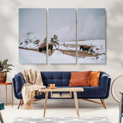 60308289-MGV-CV-36X24-Bison Wildlife Wall Art Canvas Print, Framed Snowy Prairie Art Picture Print, Western Landscape Perfect Rustic Winter Decor