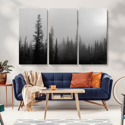 73138900-MGV-CV-36X24-Misty Pines Wall Art Canvas Print, Framed Woodland Photography Art Picture Print, Minimalist Decor Perfect Modern Rustic Decor