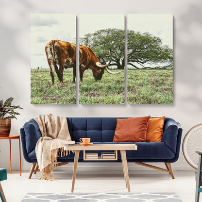 91866234-MGV-CV-36X24-Texas Longhorn Wall Art Canvas Print, Framed Rustic Ranch Art Picture Print, Western Cattle Perfect Rustic Farmhouse Decor Artwork
