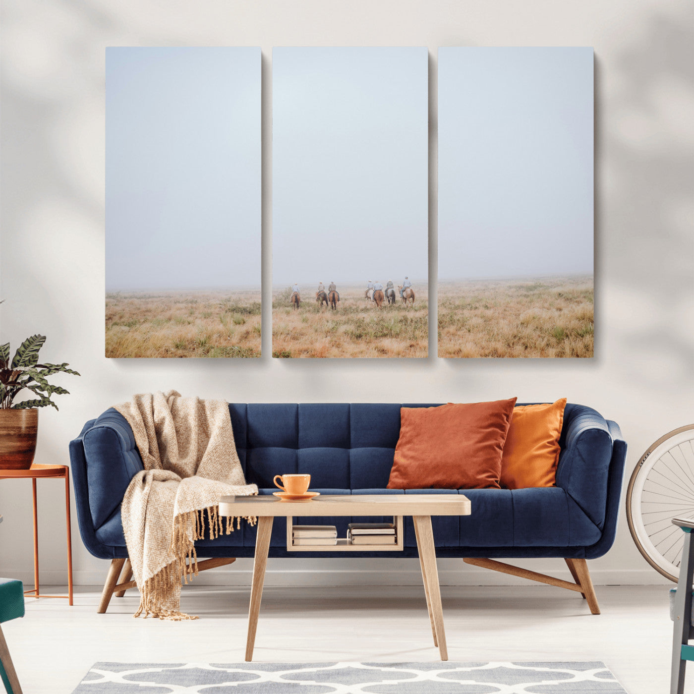 14761944-MGV-CV-36X24-Foggy Plains Wall Art Canvas Print, Framed Horseback Riders Art Picture Print, Rustic Western Perfect Rustic Western Decor Artwork