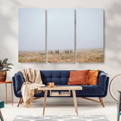 14761944-MGV-CV-36X24-Foggy Plains Wall Art Canvas Print, Framed Horseback Riders Art Picture Print, Rustic Western Perfect Rustic Western Decor Artwork