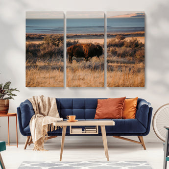 39509187-MGV-CV-36X24-Western Wildlife Wall Art Canvas Print, Framed Bison Art Picture Print, Golden Hour Perfect Western Rustic Decor Artwork