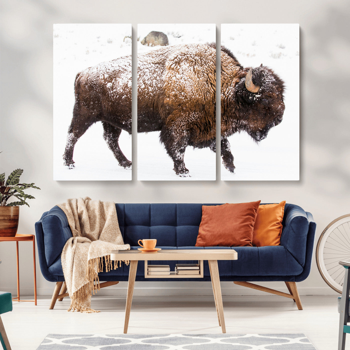 94261165-MGV-CV-36X24-Snowy Buffalo Wall Art Canvas Print, Framed Wildlife Photography Art Picture Print, Brown Tones Perfect Rustic Lodge Decor Decor