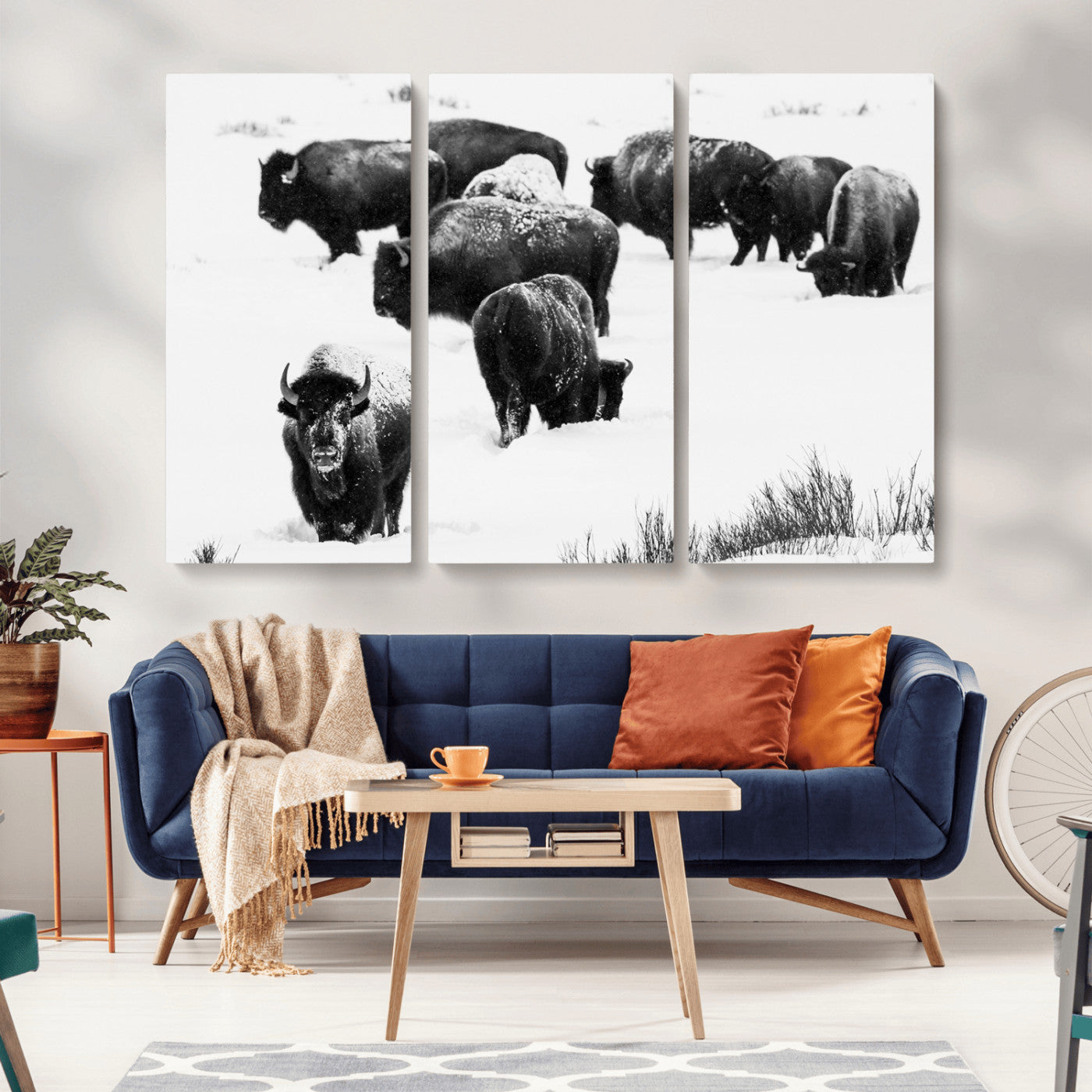 18914414-MGV-CV-36X24-Buffalo Herd Wall Art Canvas Print, Framed Black and White Art Picture Print, Snowy Landscape Perfect Rustic Lodge Decor Decor