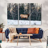 36533178-MGV-CV-36X24-Wild Elk Photography Wall Art Canvas Print, Framed Winter Wildlife Art Picture Print, Snowy Forest Perfect Rustic Lodge Decor