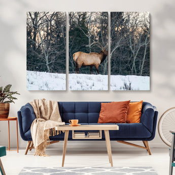36533178-MGV-CV-36X24-Wild Elk Photography Wall Art Canvas Print, Framed Winter Wildlife Art Picture Print, Snowy Forest Perfect Rustic Lodge Decor