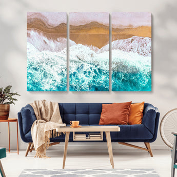 26870666-MGV-CV-36X24-Aerial Beach Wall Art Canvas Print, Framed Ocean Waves Art Picture Print, Coastal Landscape Perfect Coastal Minimalist Decor