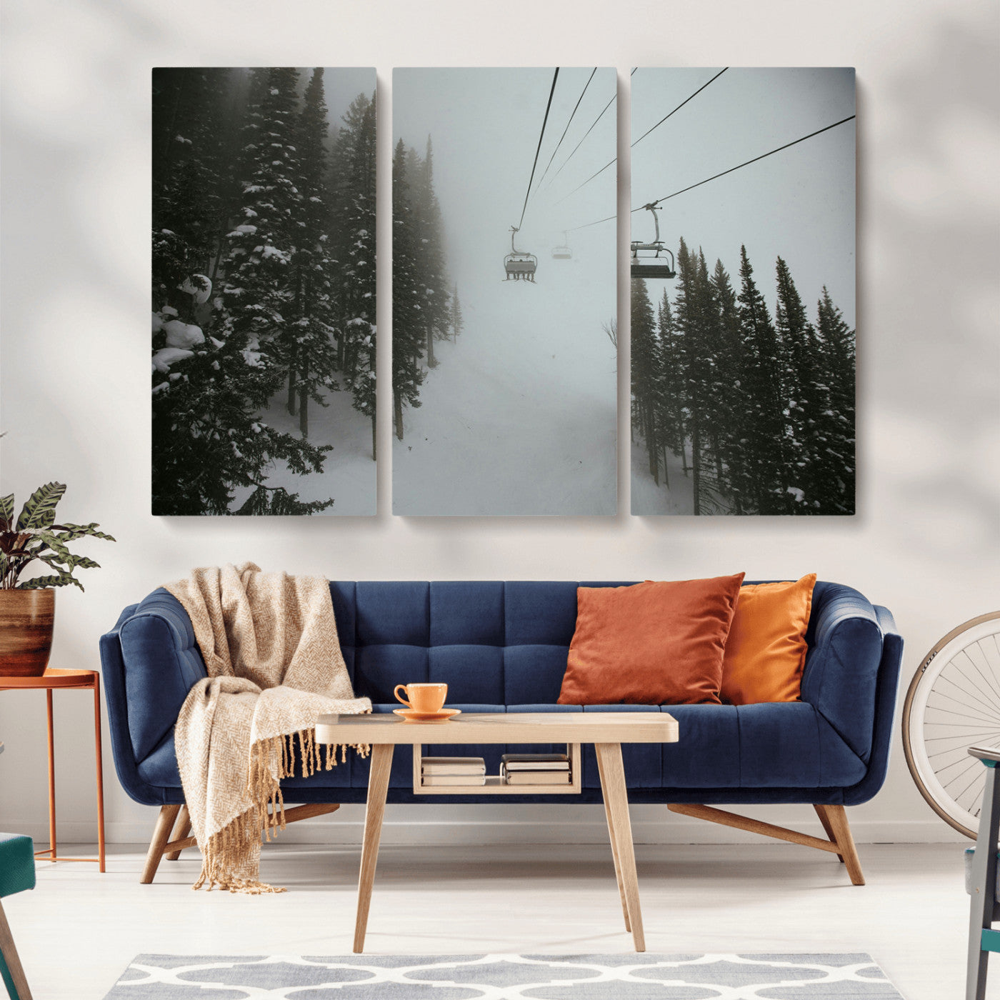 87018452-MGV-CV-36X24-Ski Lift Wall Art Canvas Print, Framed Snowy Pines Art Picture Print, Misty Landscape Perfect Winter Serenity Decor Artwork