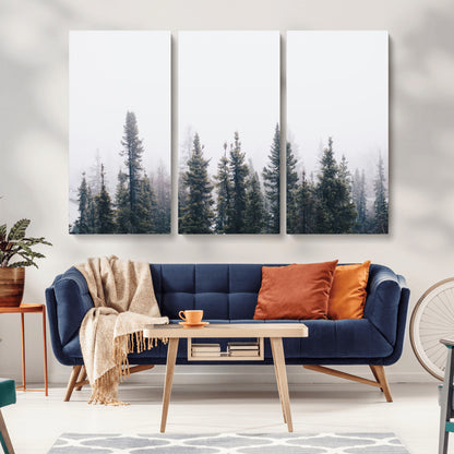 42364796-MGV-CV-36X24-Foggy Forest Wall Art Canvas Print, Framed Misty Pines Art Picture Print, Moody Woodland Perfect Scandinavian Minimalist Decor