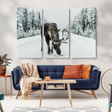 13316292-MGV-CV-36X24-Moose in Snow Wall Art Canvas Print, Framed Winter Wildlife Art Picture Print, Snowy Forest Scene Perfect Rustic Lodge Decor