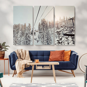 91534512-MGV-CV-36X24-Frosty Pines Wall Art Canvas Print, Framed Cozy Cabin View Art Picture Print, Ski Lift Ride Perfect Rustic Lodge Decor Artwork