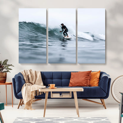 11693607-MGV-CV-36X24-Surfer on Wave Wall Art Canvas Print, Framed Ocean Adventure Art Picture Print, Motion Blur Water Perfect Coastal Adventure Decor
