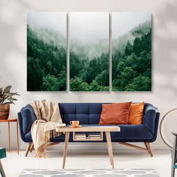 45265379-MGV-CV-36X24-Misty Forest Wall Art – Green Mountain Pine Tree Landscape Canvas Print, Nature Photography Artwork Home Decor for Bedroom, Living
