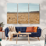 55918919-MGV-CV-48X32-3P-Desert Landscape Wall Art – Golden Grass Plains and Mountain Horizon Canvas Print, Southwest Nature Photography Decor for Living