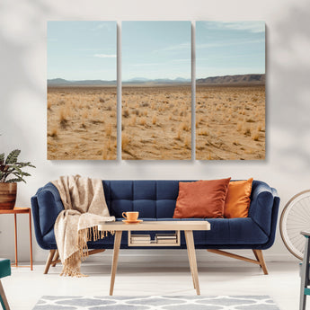 55918919-MGV-CV-48X32-3P-Desert Landscape Wall Art – Golden Grass Plains and Mountain Horizon Canvas Print, Southwest Nature Photography Decor for Living