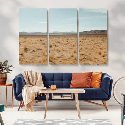 55918919-MGV-CV-48X32-3P-Desert Landscape Wall Art – Golden Grass Plains and Mountain Horizon Canvas Print, Southwest Nature Photography Decor for Living