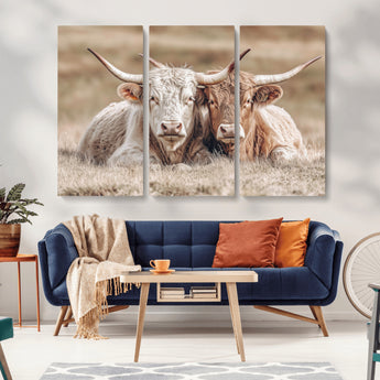38651722-MGV-CV-36X24-Cow Wall Art – Rustic Longhorn Pair Canvas Print, Western Farmhouse Animal Painting, Country Ranch Decor for Living Room, Bedroom,