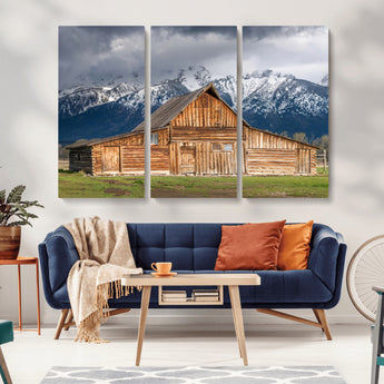 15173627-MGV-CV-36X24-Barn Wall Art – Rustic Wooden Cabin Canvas Print with Snowy Mountain Landscape, Western Farmhouse Country Decor for Living Room,