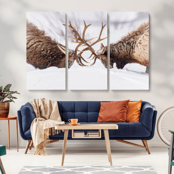 99240306-MGV-CV-36X24-Elk Wall Art – Two Bull Elk Fighting in Snow Canvas Print, Rustic Wildlife Artwork for Cabin, Lodge, Western Farmhouse, Nature &