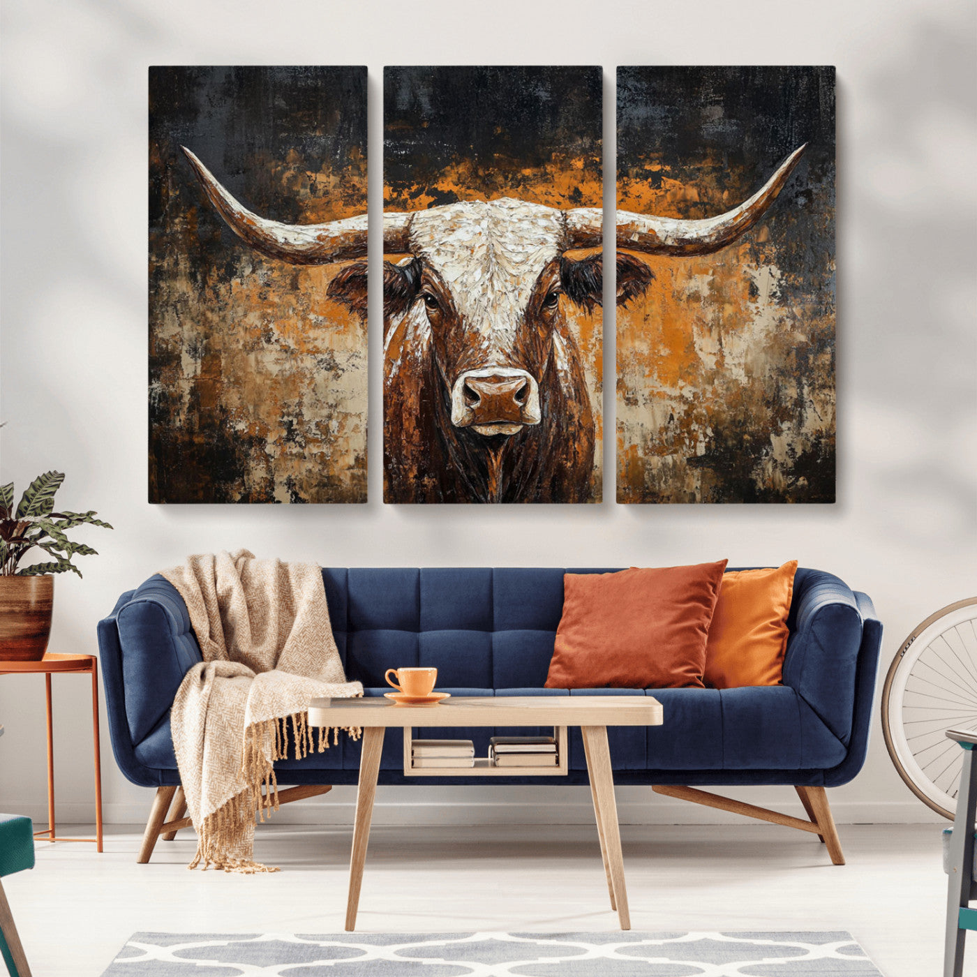 25265572-MGV-CV-36X24-Longhorn Bull Wall Art – Rustic Western Texas Steer Canvas Print, Textured Animal Painting for Home, Office, Man Cave or Farmhouse