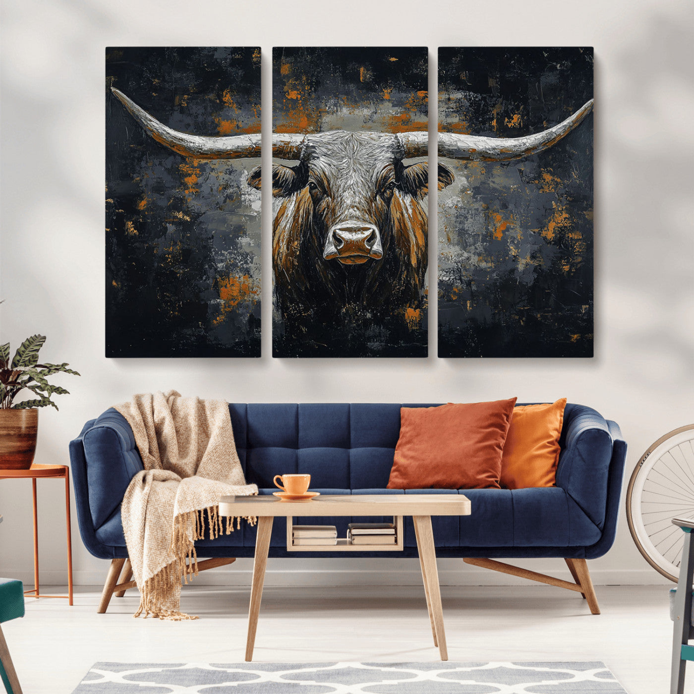 93195031-MGV-CV-36X24-Dark Longhorn Bull Wall Art – Western Steer Canvas Print, Moody Rustic Animal Painting for Man Cave, Ranch House, Office or Modern