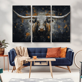 93195031-MGV-CV-36X24-Dark Longhorn Bull Wall Art – Western Steer Canvas Print, Moody Rustic Animal Painting for Man Cave, Ranch House, Office or Modern