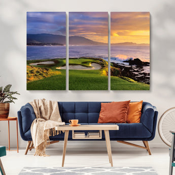39644075-MGV-CV-36X24-Golf Course Wall Art – Coastal Sunset Canvas Print, Scenic Oceanfront Fairway Landscape Decor for Office, Man Cave, or Living Room