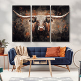 24779067-MGV-CV-48X32-3P-Longhorn Bull Wall Art – Western Rustic Canvas Print, Bold Cowboy Cattle Painting for Ranch House, Farmhouse, Office, or Living
