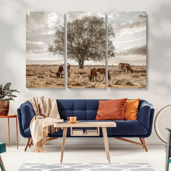 87590224-MGV-CV-36X24-Longhorn Cattle Wall Art – Rustic Western Landscape Canvas Print, Texas Farmhouse Prairie Scene for Living Room, Office, or Ranch