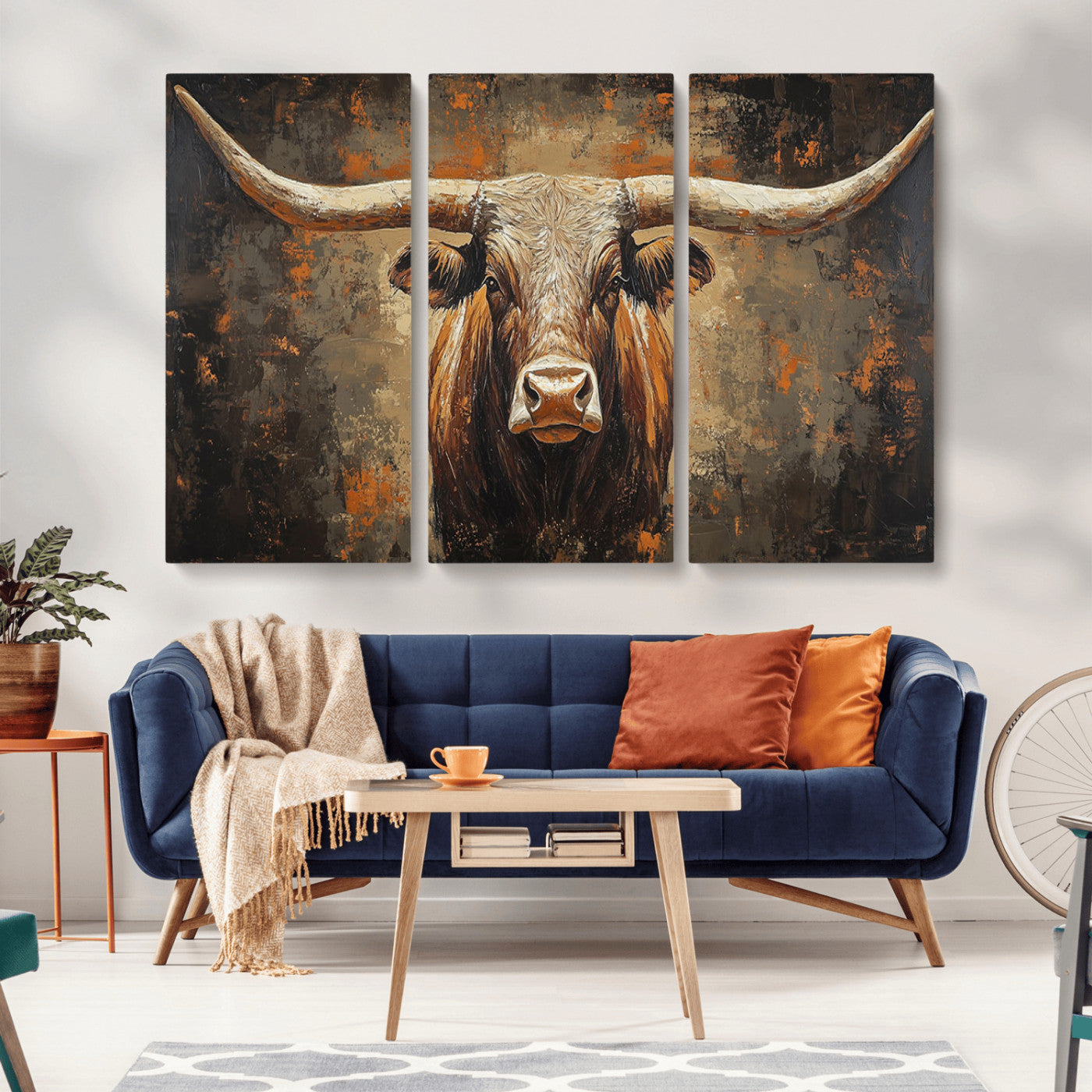 19204445-MGV-CV-36X24-Texas Longhorn Bull Wall Art – Rustic Western Canvas Print, Bold Cowboy Cattle Painting for Ranch House, Farmhouse, Office, or
