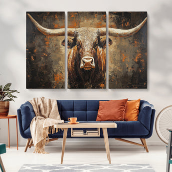 19204445-MGV-CV-36X24-Texas Longhorn Bull Wall Art – Rustic Western Canvas Print, Bold Cowboy Cattle Painting for Ranch House, Farmhouse, Office, or